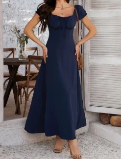 Women's Long Dress Maxi Dress White Dress Casual Dress Swing Dress Summer Dress Fashion Modern Elegant Dress Daily Date Weekend Regular Fit Plain Short Sleeve Square Neck Black White Yellow Navy Blue Women White Dresses