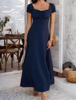 Women's Long Dress Maxi Dress White Dress Casual Dress Swing Dress Summer Dress Fashion Modern Elegant Dress Daily Date Weekend Regular Fit Plain Short Sleeve Square Neck Black White Yellow Navy Blue Women White Dresses