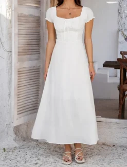 Women's Long Dress Maxi Dress White Dress Casual Dress Swing Dress Summer Dress Fashion Modern Elegant Dress Daily Date Weekend Regular Fit Plain Short Sleeve Square Neck Black White Yellow Navy Blue Women White Dresses