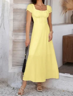 Women's Long Dress Maxi Dress White Dress Casual Dress Swing Dress Summer Dress Fashion Modern Elegant Dress Daily Date Weekend Regular Fit Plain Short Sleeve Square Neck Black White Yellow Navy Blue Women White Dresses