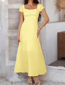Women's Long Dress Maxi Dress White Dress Casual Dress Swing Dress Summer Dress Fashion Modern Elegant Dress Daily Date Weekend Regular Fit Plain Short Sleeve Square Neck Black White Yellow Navy Blue Women White Dresses