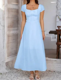 Women's Long Dress Maxi Dress White Dress Casual Dress Swing Dress Summer Dress Fashion Modern Elegant Dress Daily Date Weekend Regular Fit Plain Short Sleeve Square Neck Black White Yellow Navy Blue Women White Dresses