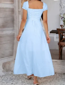 Women's Long Dress Maxi Dress White Dress Casual Dress Swing Dress Summer Dress Fashion Modern Elegant Dress Daily Date Weekend Regular Fit Plain Short Sleeve Square Neck Black White Yellow Navy Blue Women White Dresses
