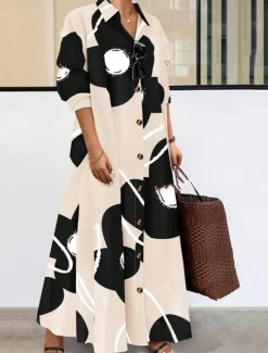 Sale Women's Long Dress Maxi Dress Shirt Dress Casual Dress Summer Dress Stylish Casual Vacation Daily Date Regular Fit Floral Graphic Long Sleeve Lapel Black And White Black Blue Orange Summer Spring Women Spring Dresses|Floral Dresses