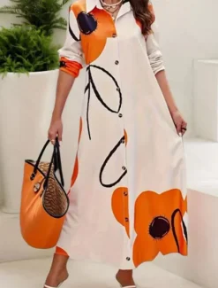 Sale Women's Long Dress Maxi Dress Shirt Dress Casual Dress Summer Dress Stylish Casual Vacation Daily Date Regular Fit Floral Graphic Long Sleeve Lapel Black And White Black Blue Orange Summer Spring Women Spring Dresses|Floral Dresses