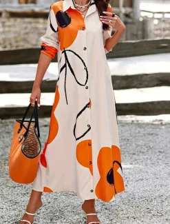 Sale Women's Long Dress Maxi Dress Shirt Dress Casual Dress Summer Dress Stylish Casual Vacation Daily Date Regular Fit Floral Graphic Long Sleeve Lapel Black And White Black Blue Orange Summer Spring Women Spring Dresses|Floral Dresses