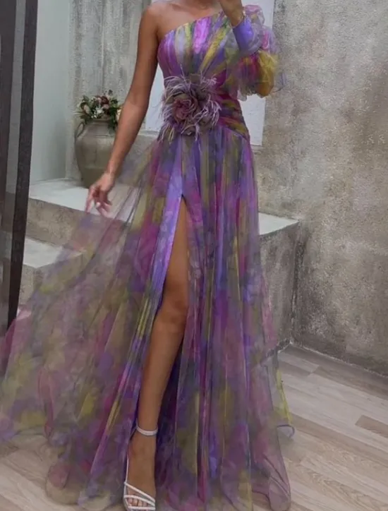 Sale Women's Long Dress Maxi Dress Prom Dress Party Dress Fashion Modern Party Evening Party Tea Party Regular Fit Flower Long Sleeve One Shoulder Yellow Red Purple Summer Women Floral Dresses