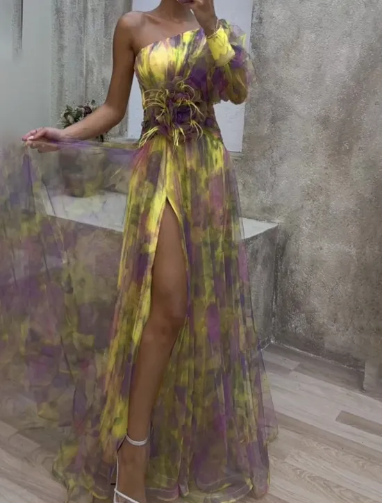 Sale Women's Long Dress Maxi Dress Prom Dress Party Dress Fashion Modern Party Evening Party Tea Party Regular Fit Flower Long Sleeve One Shoulder Yellow Red Purple Summer Women Floral Dresses