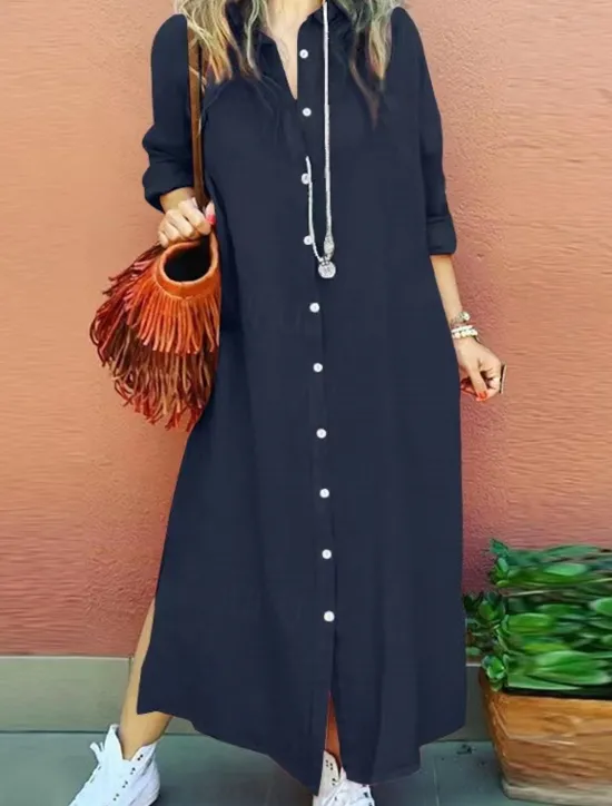 Outlet Women's Long Dress Maxi Dress Linen-Inspired Dresses Shirt Dress Casual Dress Stylish Casual Vacation Daily Date Regular Fit Plain Long Sleeve Lapel Red Khaki Dark Blue Summer Spring Women Dresses