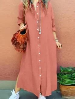 Outlet Women's Long Dress Maxi Dress Linen-Inspired Dresses Shirt Dress Casual Dress Stylish Casual Vacation Daily Date Regular Fit Plain Long Sleeve Lapel Red Khaki Dark Blue Summer Spring Women Dresses