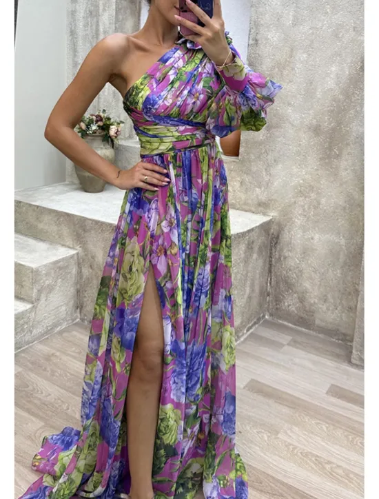Hot Women's Long Dress Maxi Dress Prom Dress Party Dress Print Dress Elegant Fashion Party Special Occasion Regular Fit Flower Long Sleeve One Shoulder Yellow Purple Green Summer Women Floral Dresses
