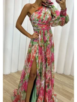 Hot Women's Long Dress Maxi Dress Prom Dress Party Dress Print Dress Elegant Fashion Party Special Occasion Regular Fit Flower Long Sleeve One Shoulder Yellow Purple Green Summer Women Floral Dresses