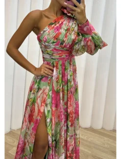 Hot Women's Long Dress Maxi Dress Prom Dress Party Dress Print Dress Elegant Fashion Party Special Occasion Regular Fit Flower Long Sleeve One Shoulder Yellow Purple Green Summer Women Floral Dresses