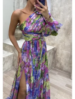 Hot Women's Long Dress Maxi Dress Prom Dress Party Dress Print Dress Elegant Fashion Party Special Occasion Regular Fit Flower Long Sleeve One Shoulder Yellow Purple Green Summer Women Floral Dresses