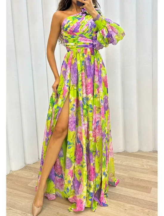 Hot Women's Long Dress Maxi Dress Prom Dress Party Dress Print Dress Elegant Fashion Party Special Occasion Regular Fit Flower Long Sleeve One Shoulder Yellow Purple Green Summer Women Floral Dresses