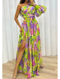 Hot Women's Long Dress Maxi Dress Prom Dress Party Dress Print Dress Elegant Fashion Party Special Occasion Regular Fit Flower Long Sleeve One Shoulder Yellow Purple Green Summer Women Floral Dresses