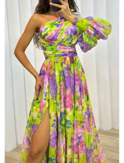 Hot Women's Long Dress Maxi Dress Prom Dress Party Dress Print Dress Elegant Fashion Party Special Occasion Regular Fit Flower Long Sleeve One Shoulder Yellow Purple Green Summer Women Floral Dresses