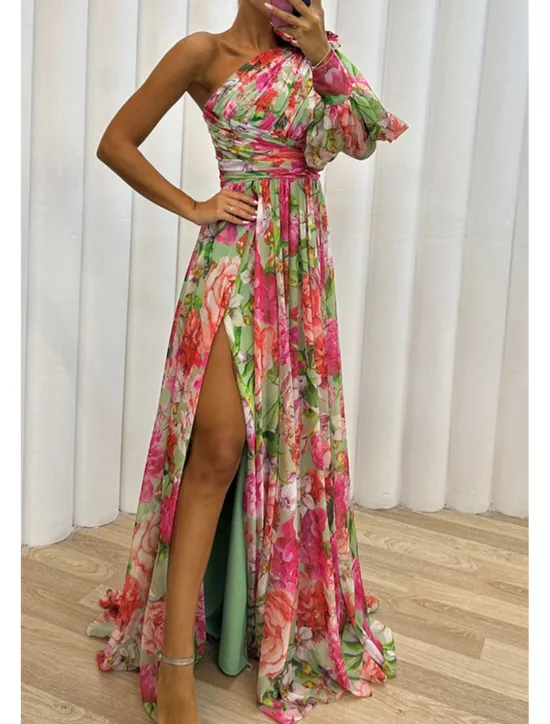 Hot Women's Long Dress Maxi Dress Prom Dress Party Dress Print Dress Elegant Fashion Party Special Occasion Regular Fit Flower Long Sleeve One Shoulder Yellow Purple Green Summer Women Floral Dresses