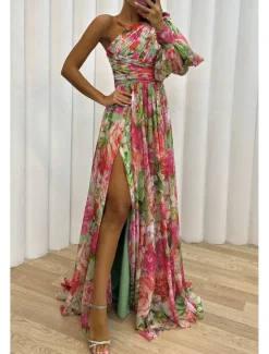 Hot Women's Long Dress Maxi Dress Prom Dress Party Dress Print Dress Elegant Fashion Party Special Occasion Regular Fit Flower Long Sleeve One Shoulder Yellow Purple Green Summer Women Floral Dresses