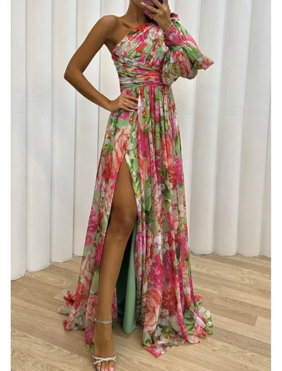 Hot Women's Long Dress Maxi Dress Prom Dress Party Dress Print Dress Elegant Fashion Party Special Occasion Regular Fit Flower Long Sleeve One Shoulder Yellow Purple Green Summer Women Floral Dresses
