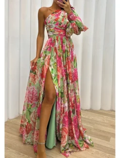 Hot Women's Long Dress Maxi Dress Prom Dress Party Dress Print Dress Elegant Fashion Party Special Occasion Regular Fit Flower Long Sleeve One Shoulder Yellow Purple Green Summer Women Floral Dresses