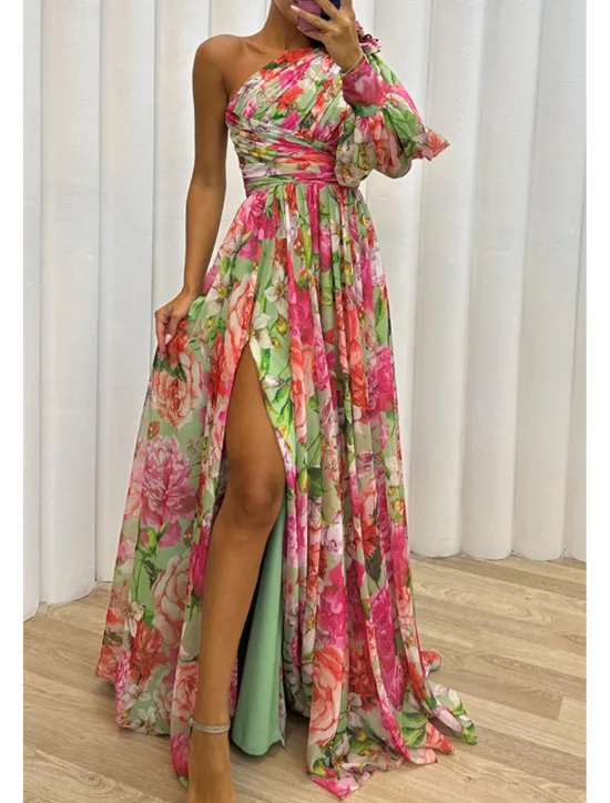 Hot Women's Long Dress Maxi Dress Prom Dress Party Dress Print Dress Elegant Fashion Party Special Occasion Regular Fit Flower Long Sleeve One Shoulder Yellow Purple Green Summer Women Floral Dresses