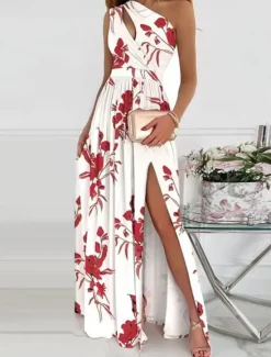 Best Women's Long Dress Maxi Dress Casual Dress A Line Dress Floral Dress Summer Dress Elegant Stylish Vacation Daily Date Regular Fit Floral Sleeveless One Shoulder White Pink Red Summer Women Spring Dresses|Floral Dresses