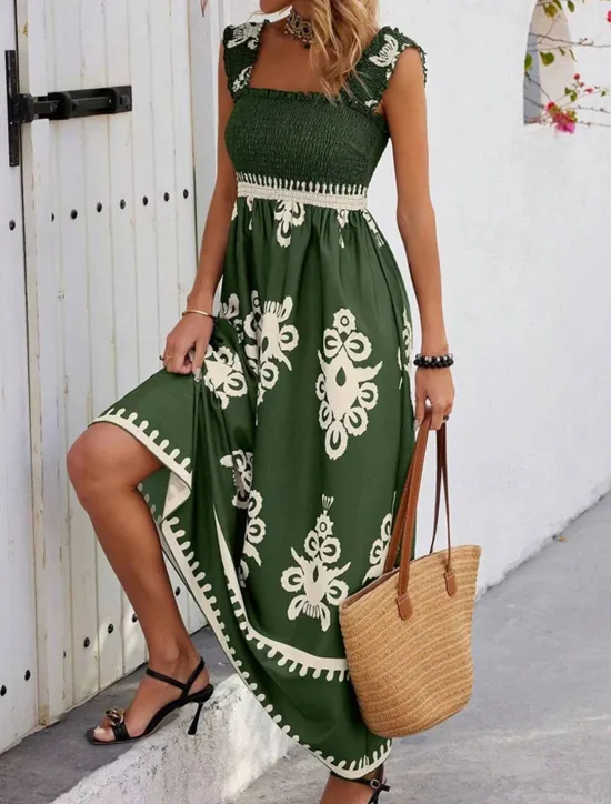 Discount Women's Long Dress Maxi Dress Casual Dress A Line Dress Summer Dress Boho Dress Bohemia Hawaiian Stylish Vacation Daily Date Regular Fit Graphic Sleeveless Square Neck Black Pink Red Green Summer Women Spring Dresses|Floral Dresses