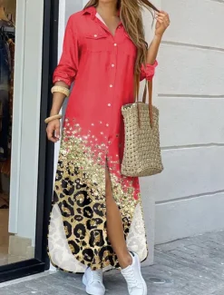 Discount Women's Long Dress Maxi Dress Shirt Dress Casual Dress Summer Dress Stylish Casual Vacation Daily Date Regular Fit Color Block Long Sleeve Lapel Black Yellow Pink Red Summer Spring Women Floral Dresses
