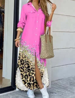 Discount Women's Long Dress Maxi Dress Shirt Dress Casual Dress Summer Dress Stylish Casual Vacation Daily Date Regular Fit Color Block Long Sleeve Lapel Black Yellow Pink Red Summer Spring Women Floral Dresses