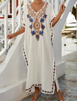 Best Women's Long Dress Maxi Dress White Dress Summer Dress Boho Dress Cover Up Maxi Boho Vacation Holiday Beach Loose Fit Half Sleeve V Neck Black White Summer Women Floral Dresses