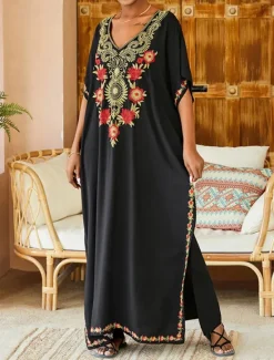 Best Women's Long Dress Maxi Dress White Dress Summer Dress Boho Dress Cover Up Maxi Boho Vacation Holiday Beach Loose Fit Half Sleeve V Neck Black White Summer Women Floral Dresses