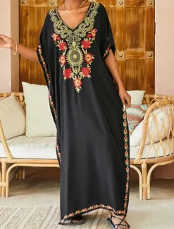Best Women's Long Dress Maxi Dress White Dress Summer Dress Boho Dress Cover Up Maxi Boho Vacation Holiday Beach Loose Fit Half Sleeve V Neck Black White Summer Women Floral Dresses