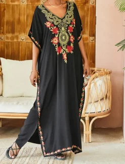 Best Women's Long Dress Maxi Dress White Dress Summer Dress Boho Dress Cover Up Maxi Boho Vacation Holiday Beach Loose Fit Half Sleeve V Neck Black White Summer Women Floral Dresses
