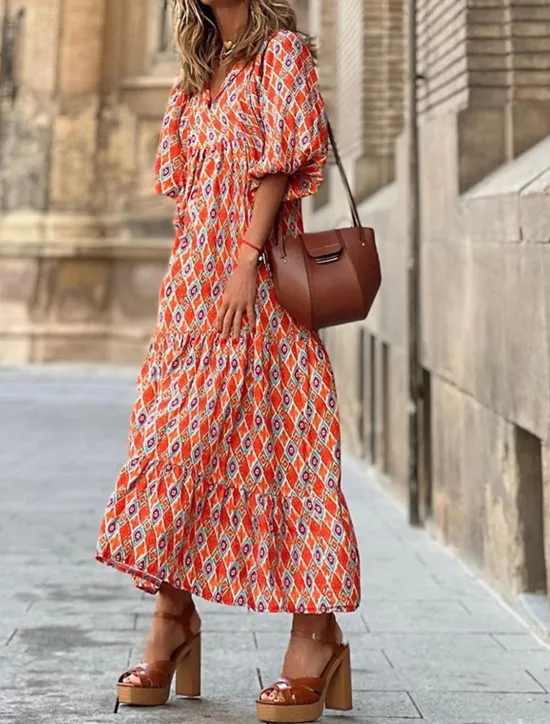 New Women's Long Dress Maxi Dress Print Dress Fashion Lantern Sleeve Vacation Holiday Going out Regular Fit Flower Half Sleeve V Neck Purple Orange Rose Red Summer Women Floral Dresses