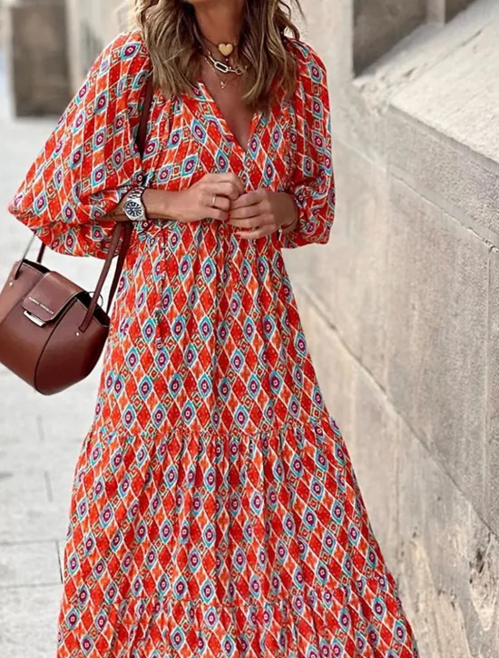 New Women's Long Dress Maxi Dress Print Dress Fashion Lantern Sleeve Vacation Holiday Going out Regular Fit Flower Half Sleeve V Neck Purple Orange Rose Red Summer Women Floral Dresses