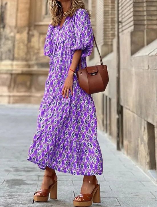 New Women's Long Dress Maxi Dress Print Dress Fashion Lantern Sleeve Vacation Holiday Going out Regular Fit Flower Half Sleeve V Neck Purple Orange Rose Red Summer Women Floral Dresses