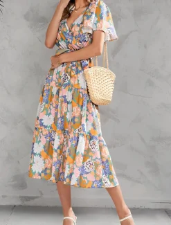 Hot Women's Long Dress Maxi Dress Casual Dress Stylish Casual Vacation Daily Regular Fit Floral Short Sleeve V Neck Yellow Pink Summer Spring Women Spring Dresses|Floral Dresses