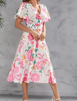 Hot Women's Long Dress Maxi Dress Casual Dress Stylish Casual Vacation Daily Regular Fit Floral Short Sleeve V Neck Yellow Pink Summer Spring Women Spring Dresses|Floral Dresses