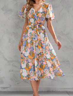 Hot Women's Long Dress Maxi Dress Casual Dress Stylish Casual Vacation Daily Regular Fit Floral Short Sleeve V Neck Yellow Pink Summer Spring Women Spring Dresses|Floral Dresses