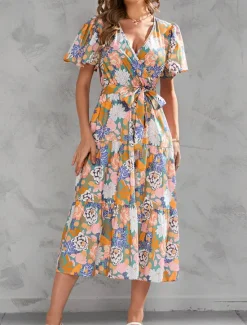 Hot Women's Long Dress Maxi Dress Casual Dress Stylish Casual Vacation Daily Regular Fit Floral Short Sleeve V Neck Yellow Pink Summer Spring Women Spring Dresses|Floral Dresses