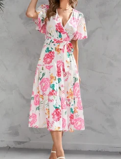 Hot Women's Long Dress Maxi Dress Casual Dress Stylish Casual Vacation Daily Regular Fit Floral Short Sleeve V Neck Yellow Pink Summer Spring Women Spring Dresses|Floral Dresses