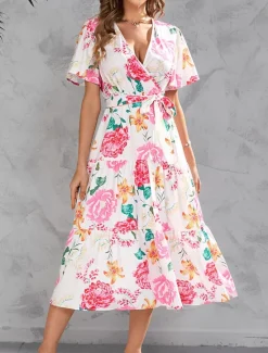 Hot Women's Long Dress Maxi Dress Casual Dress Stylish Casual Vacation Daily Regular Fit Floral Short Sleeve V Neck Yellow Pink Summer Spring Women Spring Dresses|Floral Dresses