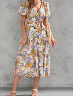 Hot Women's Long Dress Maxi Dress Casual Dress Stylish Casual Vacation Daily Regular Fit Floral Short Sleeve V Neck Yellow Pink Summer Spring Women Spring Dresses|Floral Dresses