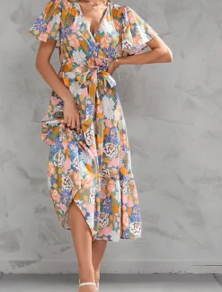 Hot Women's Long Dress Maxi Dress Casual Dress Stylish Casual Vacation Daily Regular Fit Floral Short Sleeve V Neck Yellow Pink Summer Spring Women Spring Dresses|Floral Dresses