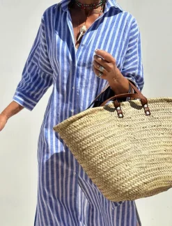 New Women's Long Dress Maxi Dress Cotton Linen Dresses Shirt Dress Casual Dress Cotton Linen Dress Stylish Casual Vacation Daily Date Regular Fit Stripe Long Sleeve Lapel Yellow Light Green Red Royal Blue Women Dresses