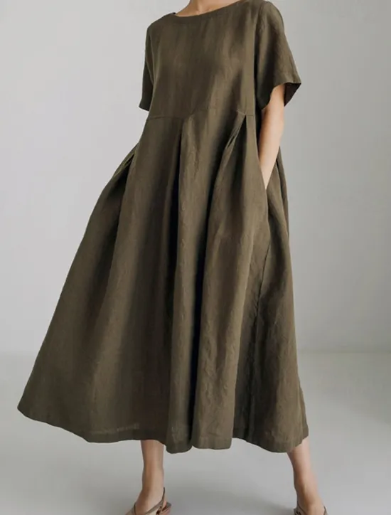 Discount Women's Long Dress Maxi Dress Linen-Inspired Dresses Casual Dress Cotton Linen Dress Stylish Casual Vacation Daily Date Regular Fit Plain Short Sleeve Crew Neck Navy Blue Dark Green Apricot Summer Women Dresses