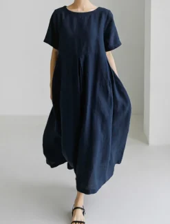 Discount Women's Long Dress Maxi Dress Linen-Inspired Dresses Casual Dress Cotton Linen Dress Stylish Casual Vacation Daily Date Regular Fit Plain Short Sleeve Crew Neck Navy Blue Dark Green Apricot Summer Women Dresses