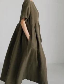 Discount Women's Long Dress Maxi Dress Linen-Inspired Dresses Casual Dress Cotton Linen Dress Stylish Casual Vacation Daily Date Regular Fit Plain Short Sleeve Crew Neck Navy Blue Dark Green Apricot Summer Women Dresses