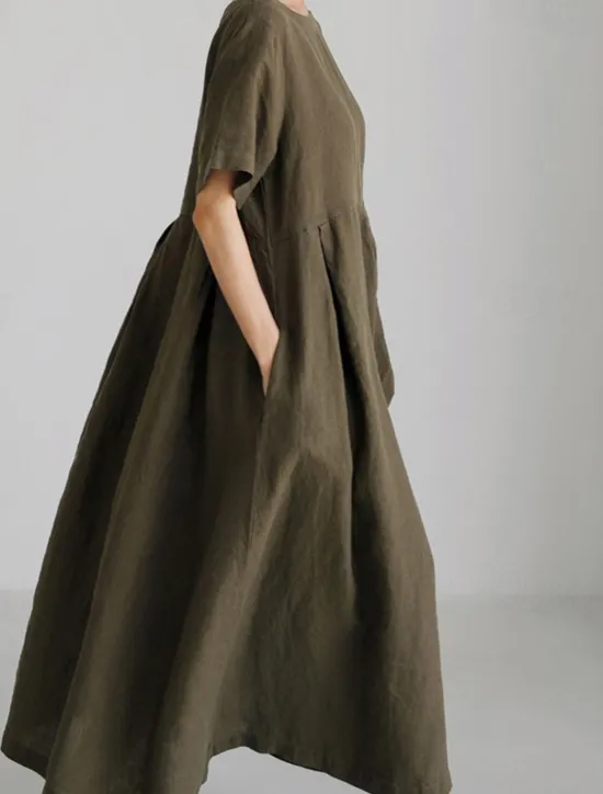 Discount Women's Long Dress Maxi Dress Linen-Inspired Dresses Casual Dress Cotton Linen Dress Stylish Casual Vacation Daily Date Regular Fit Plain Short Sleeve Crew Neck Navy Blue Dark Green Apricot Summer Women Dresses